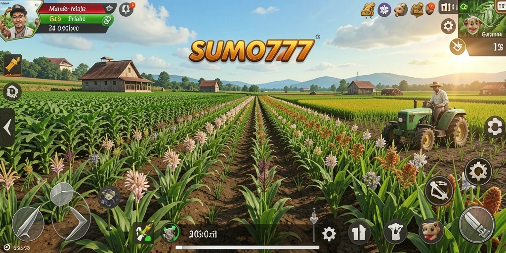 Tangkapan layar gameplay <strong>SUMO777</strong> menampilkan aktivitas seru di lahan pertanian.